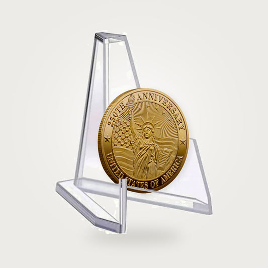 47VAULT Single Coin Display Stand holding a Liberty 250 Coin to show how a piece sits in the cradle. The coin is sold separately and is not included with the stand.
