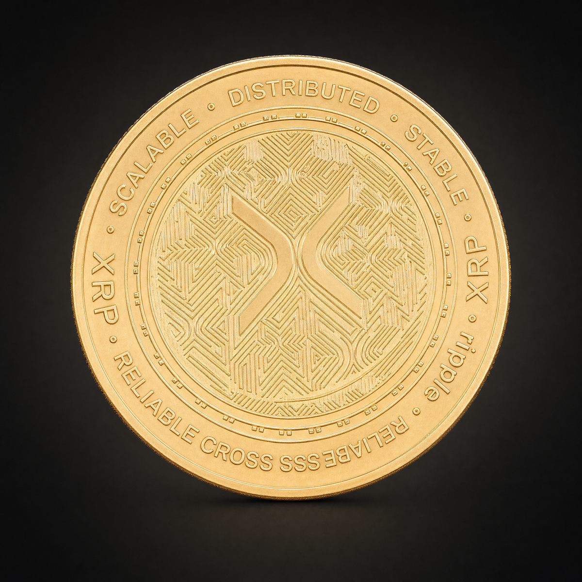 Liberty Coin Heritage Edition, obverse, a ledger pattern with XRP, SCALABLE, DISTRIBUTED and RELIABLE CROSS BORDER PAYMENTS around the border