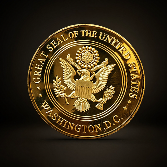 Great Seal Coin Republic Edition, reverse, GREAT SEAL OF THE UNITED STATES above the heraldic eagle and shield, WASHINGTON, D.C. below