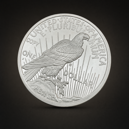 Liberty 1921 Coin Lustre Edition, reverse, the eagle with UNITED STATES OF AMERICA and E PLURIBUS UNUM above, PEACE below, and the word COPY plainly marked at the upper left as United States law requires