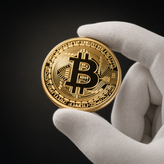 Digital Network Coin Genesis Edition held in a white cotton conservator glove, struck face toward the camera