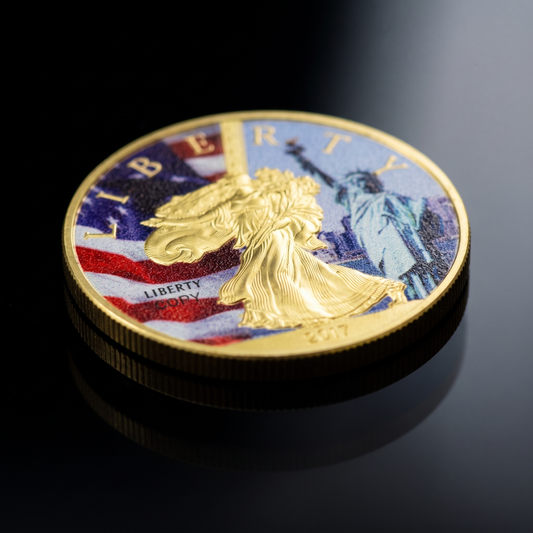 Liberty Coin Union Crest Edition, angled detail on black, the colourised crest lit from the upper right