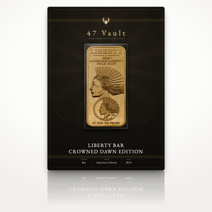 Design concept: proposed 47 Vault presentation card, the Liberty Bar Crowned Dawn Edition sealed in a clear capsule. Packaging not currently shipped with the bar.