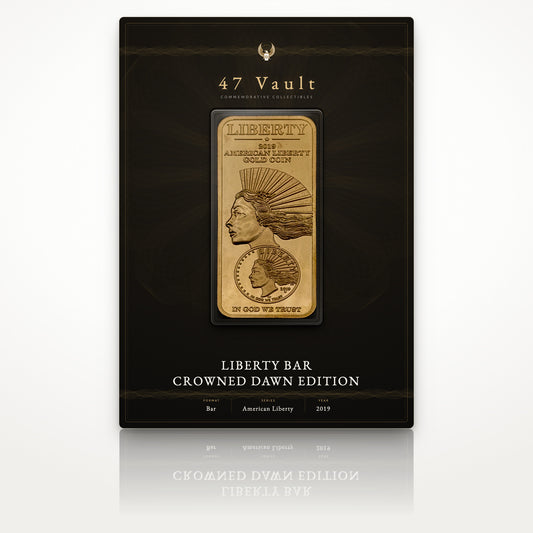 Design concept: proposed 47 Vault presentation card, the Liberty Bar Crowned Dawn Edition sealed in a clear capsule. Packaging not currently shipped with the bar.