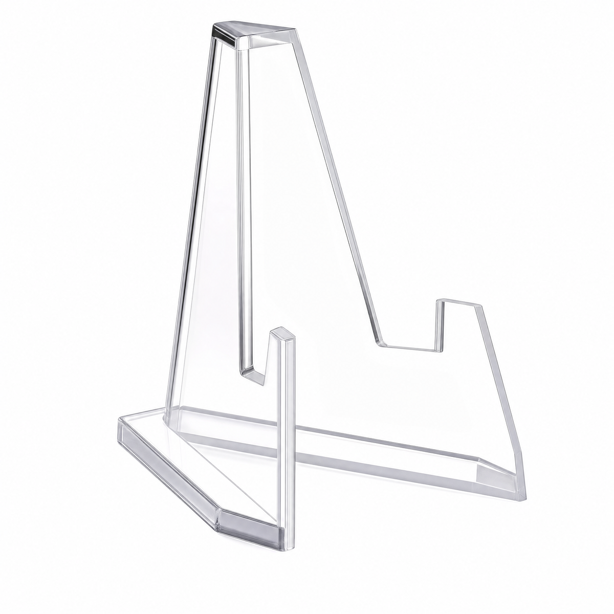 Clear acrylic phone stand with a minimalist A-frame design, shown on a solid white background.