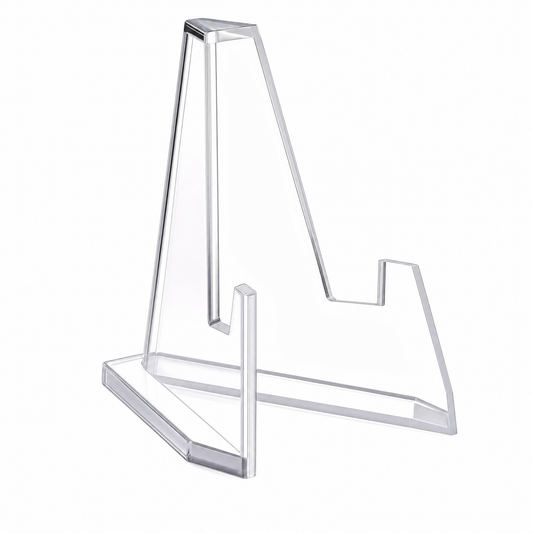 Clear acrylic phone stand with a minimalist A-frame design, shown on a solid white background.