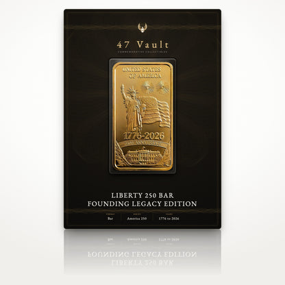 Design concept: proposed 47 Vault presentation card, the Liberty 250 Bar Founding Legacy Edition sealed in a clear capsule. Packaging not currently shipped with the bar.
