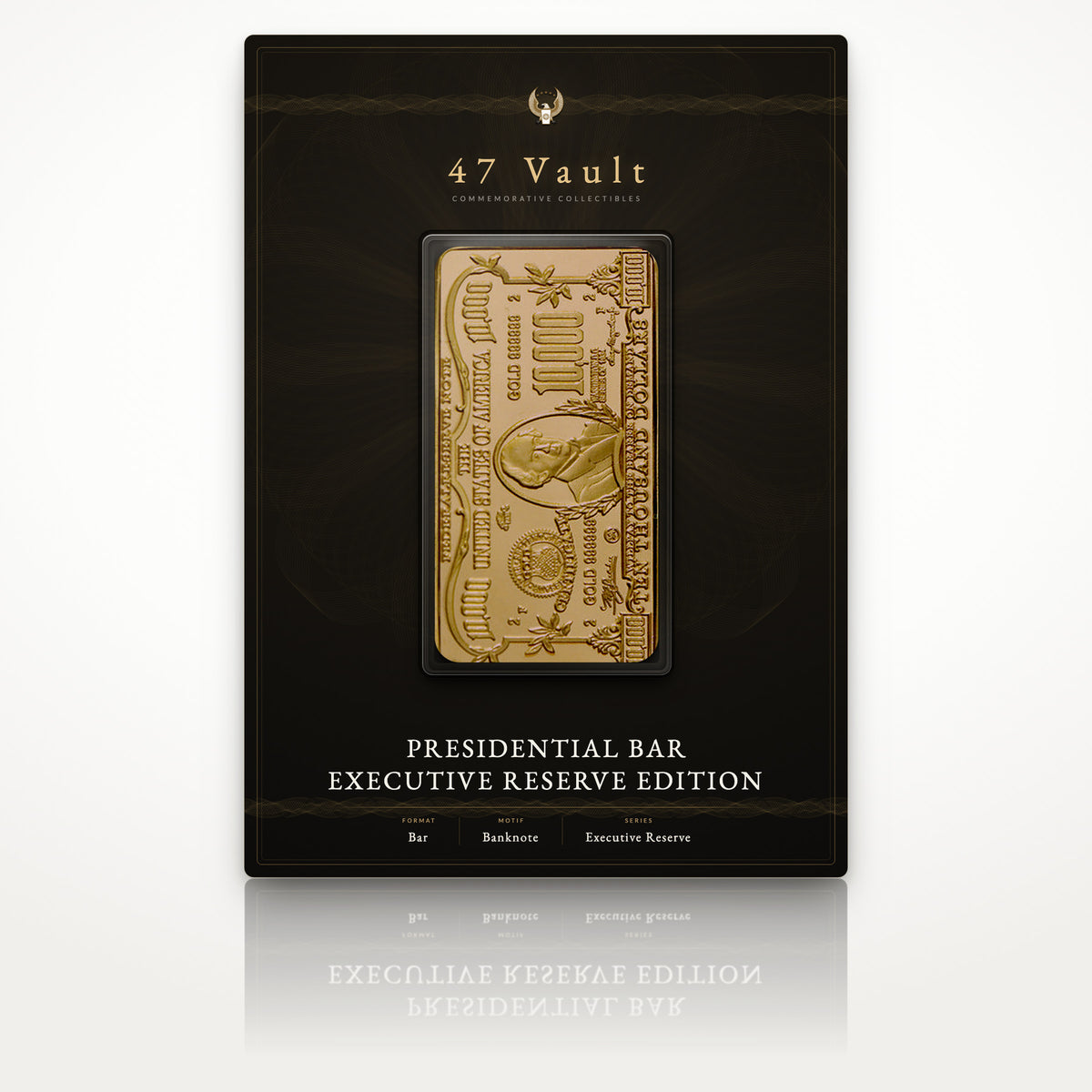 Design concept: proposed 47 Vault presentation card, the Presidential Bar Executive Reserve Edition sealed in a clear capsule. Packaging not currently shipped with the bar.