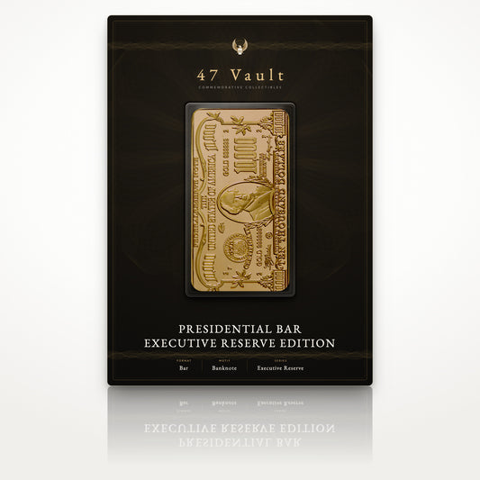 Design concept: proposed 47 Vault presentation card, the Presidential Bar Executive Reserve Edition sealed in a clear capsule. Packaging not currently shipped with the bar.