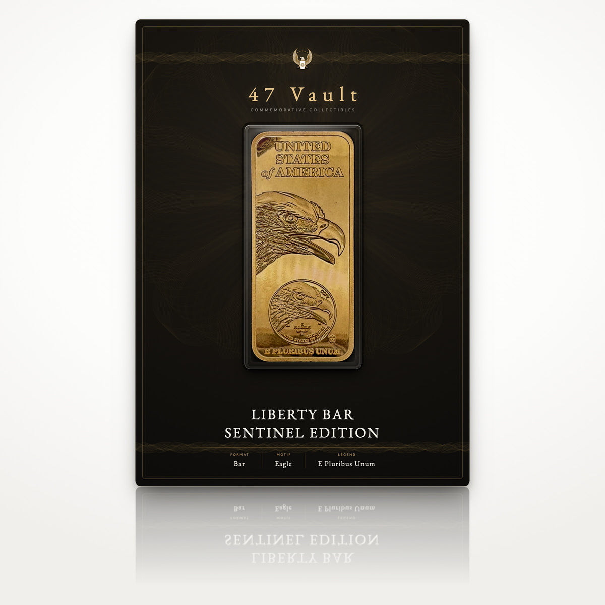 Design concept: proposed 47 Vault presentation card, the Liberty Bar Sentinel Edition sealed in a clear capsule. Packaging not currently shipped with the bar.