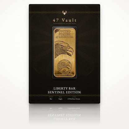 Design concept: proposed 47 Vault presentation card, the Liberty Bar Sentinel Edition sealed in a clear capsule. Packaging not currently shipped with the bar.