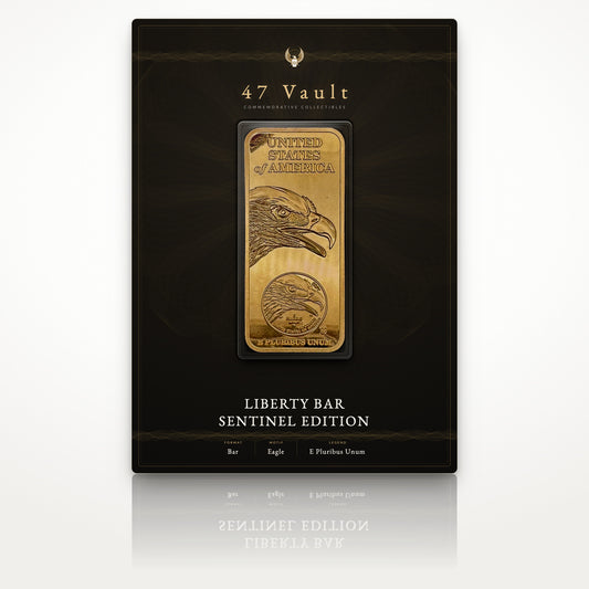 Design concept: proposed 47 Vault presentation card, the Liberty Bar Sentinel Edition sealed in a clear capsule. Packaging not currently shipped with the bar.