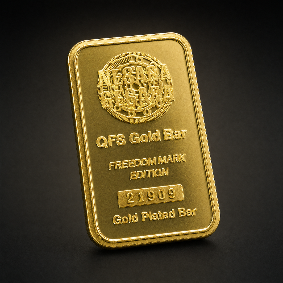 Prosperity Bar Freedom Mark Edition, three-quarter view of the gold-plated bar on the 47 Vault black studio ground