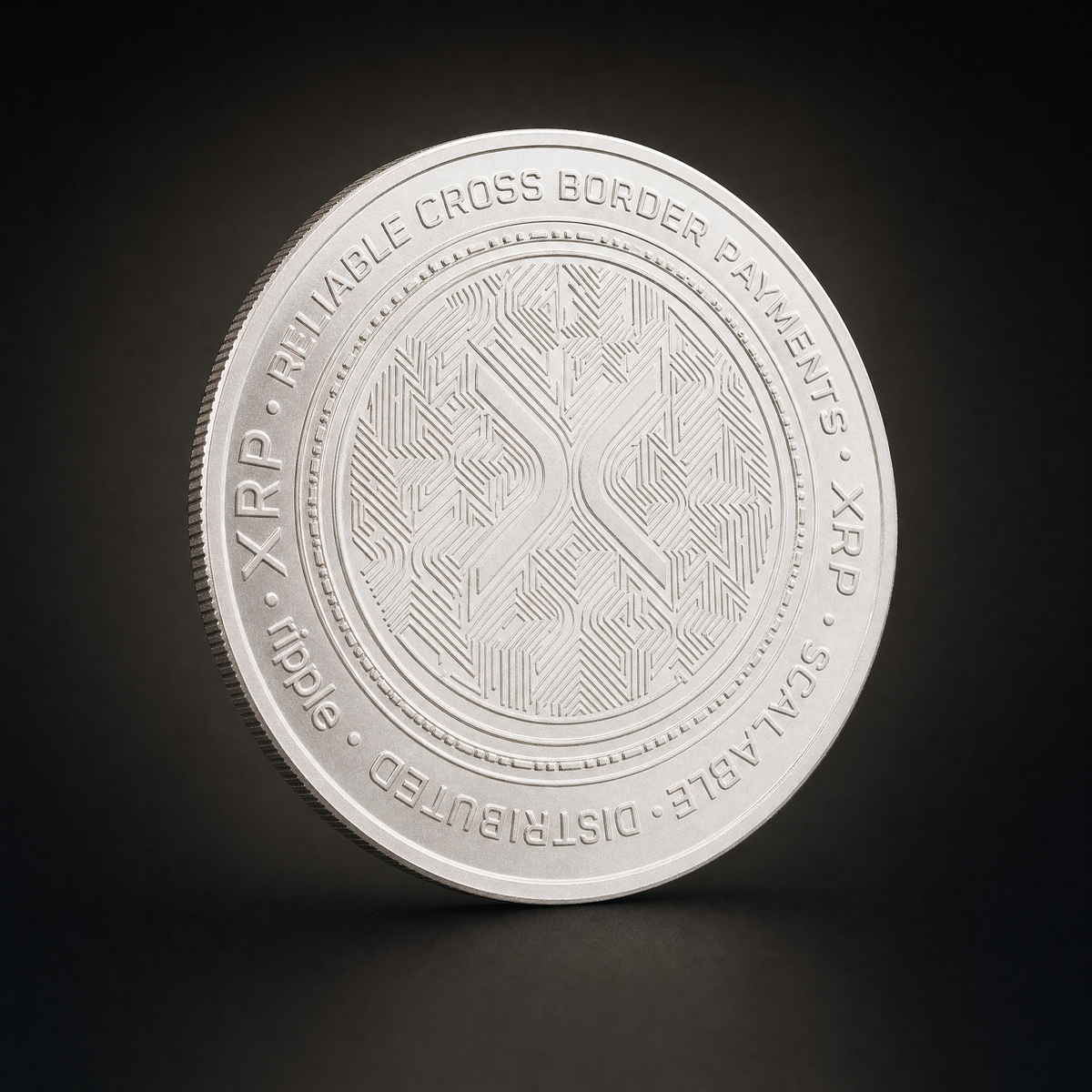 Liberty Coin Aurora Edition, three-quarter view of the silver-tone collectible token on the 47 Vault black studio ground