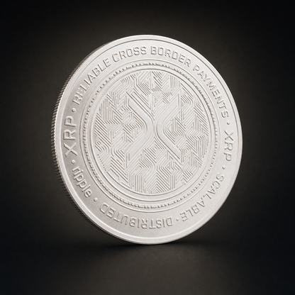 Liberty Coin Aurora Edition, three-quarter view of the silver-tone collectible token on the 47 Vault black studio ground