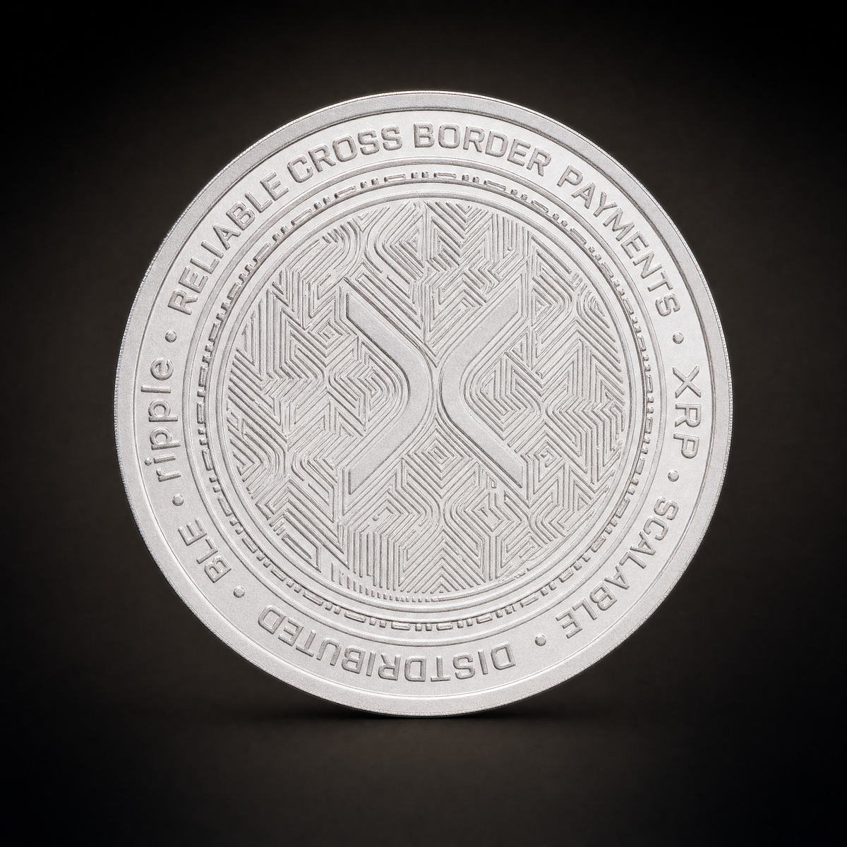 Liberty Coin Aurora Edition, obverse, a ledger pattern with XRP, SCALABLE, DISTRIBUTED and RELIABLE CROSS BORDER PAYMENTS around the border