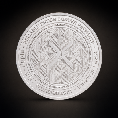 Liberty Coin Aurora Edition, obverse, a ledger pattern with XRP, SCALABLE, DISTRIBUTED and RELIABLE CROSS BORDER PAYMENTS around the border
