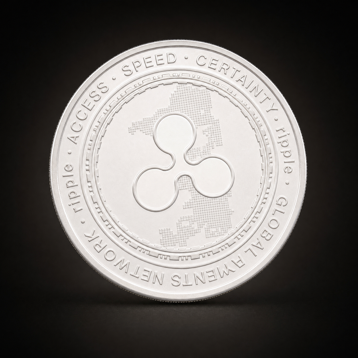 Liberty Coin Aurora Edition, reverse, the Ripple mark over a world map with ACCESS, SPEED and CERTAINTY around the border