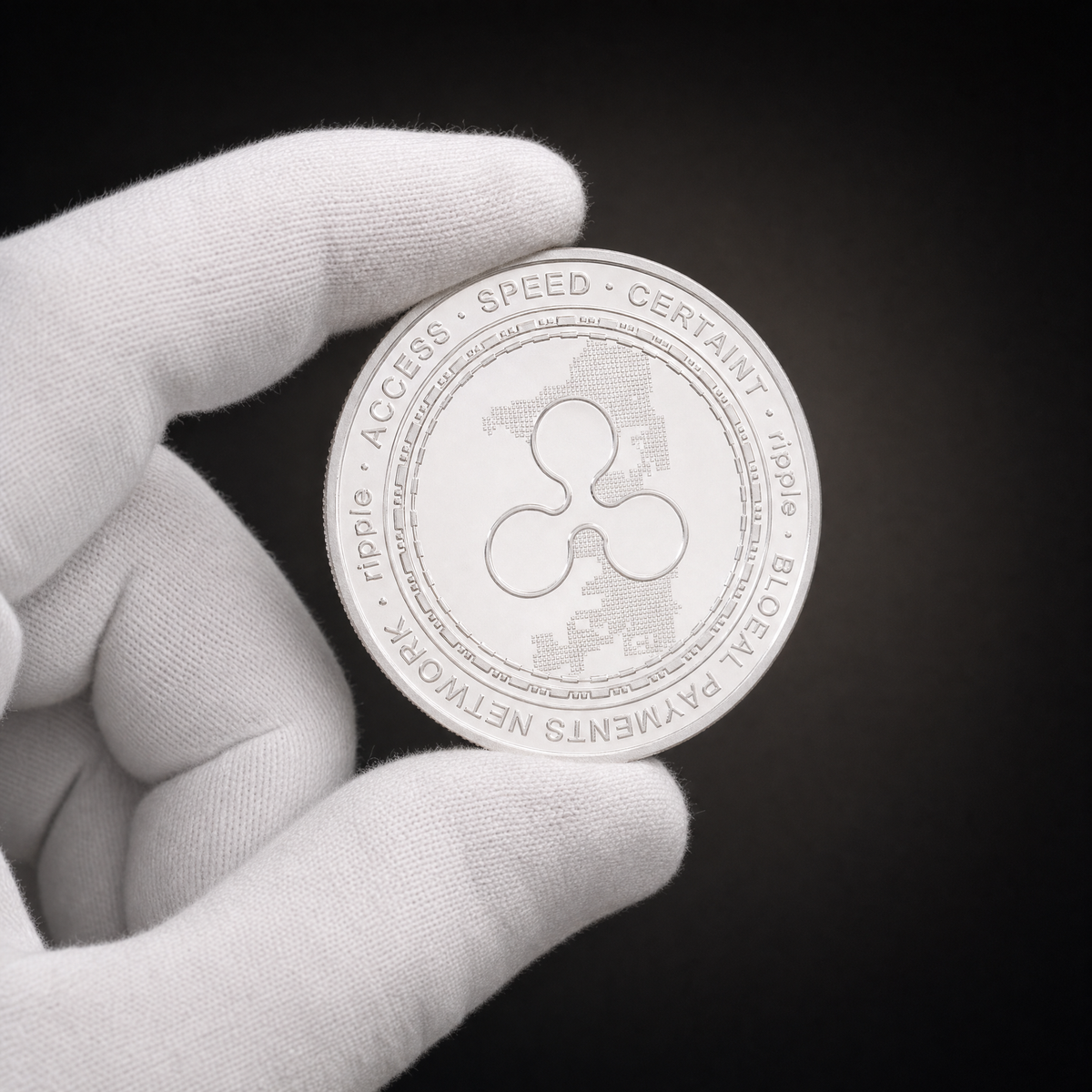 Liberty Coin Aurora Edition held in a white cotton conservator glove, reverse toward the camera