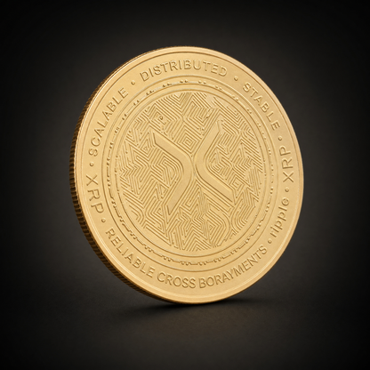 Liberty Coin Heritage Edition, three-quarter view of the gold-tone collectible token on the 47 Vault black studio ground
