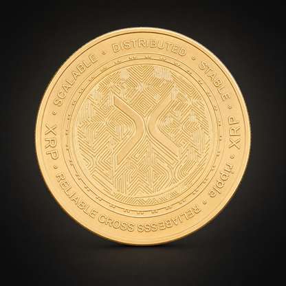 Liberty Coin Heritage Edition, obverse, a ledger pattern with XRP, SCALABLE, DISTRIBUTED and RELIABLE CROSS BORDER PAYMENTS around the border