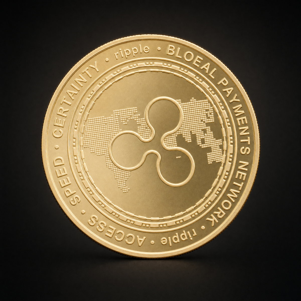 Liberty Coin Heritage Edition, reverse, the Ripple mark over a world map. The border lettering reads BLOEAL PAYMENTS NETWORK and CERTAINY, both misspelt on the piece itself