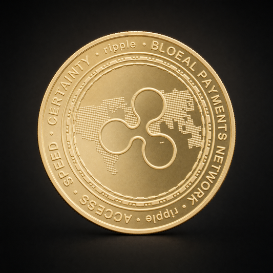 Liberty Coin Heritage Edition, reverse, the Ripple mark over a world map. The border lettering reads BLOEAL PAYMENTS NETWORK and CERTAINY, both misspelt on the piece itself