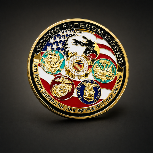 Great Seal Coin Republic Edition, three-quarter view of the colourised tribute face on the 47 Vault black studio ground