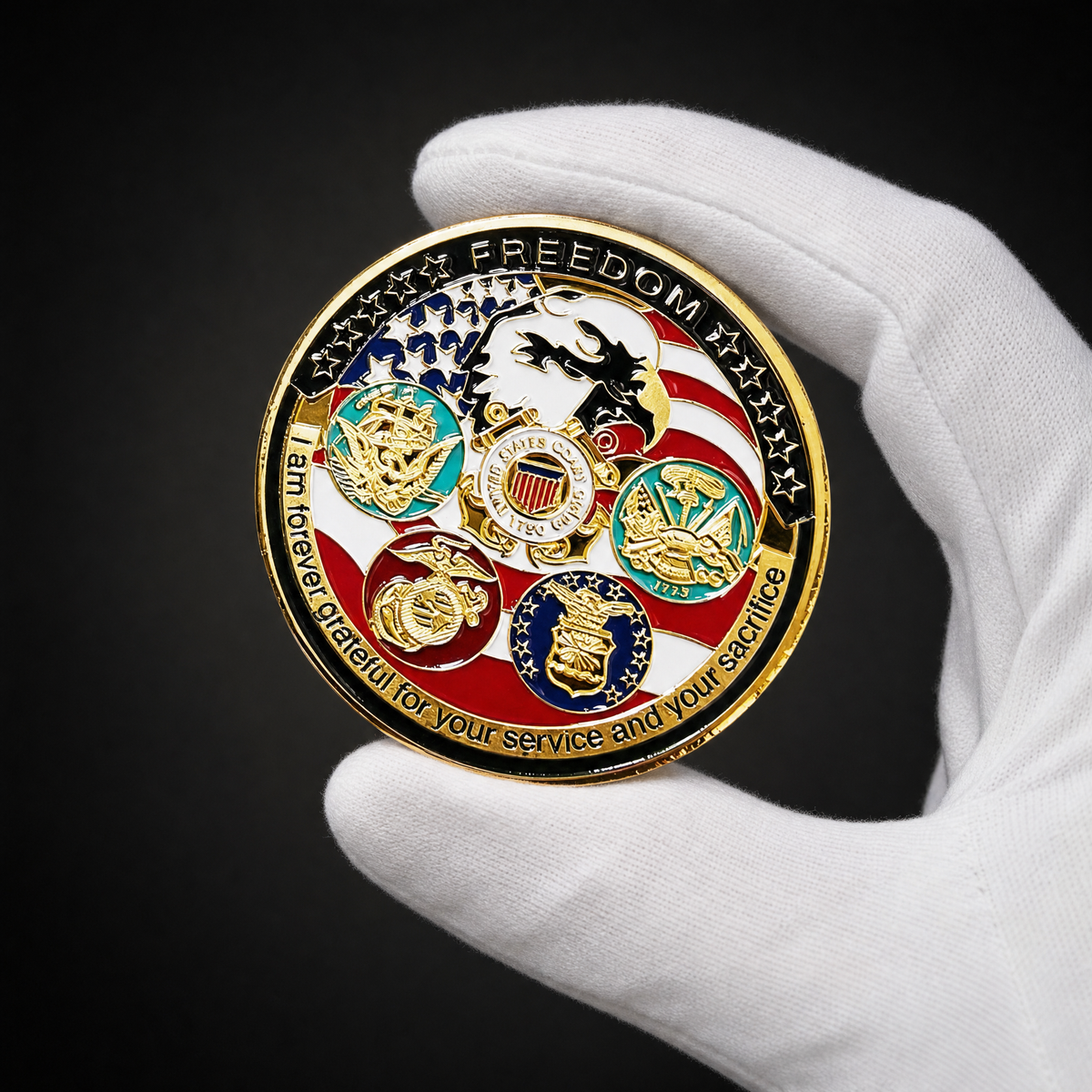 Great Seal Coin Republic Edition held in a white cotton conservator glove, colourised face toward the camera