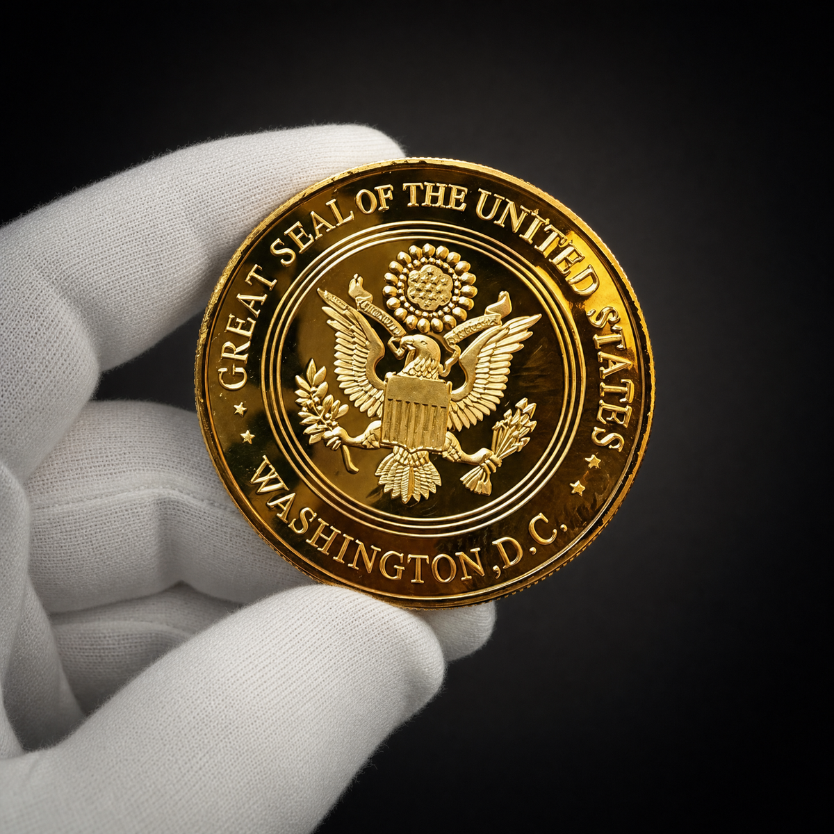 Great Seal Coin Republic Edition held in a white cotton conservator glove, Great Seal face toward the camera