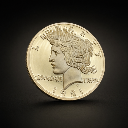 Liberty 1921 Coin Archive Edition, three-quarter view of the gold-tone Peace dollar tribute on the 47 Vault black studio ground