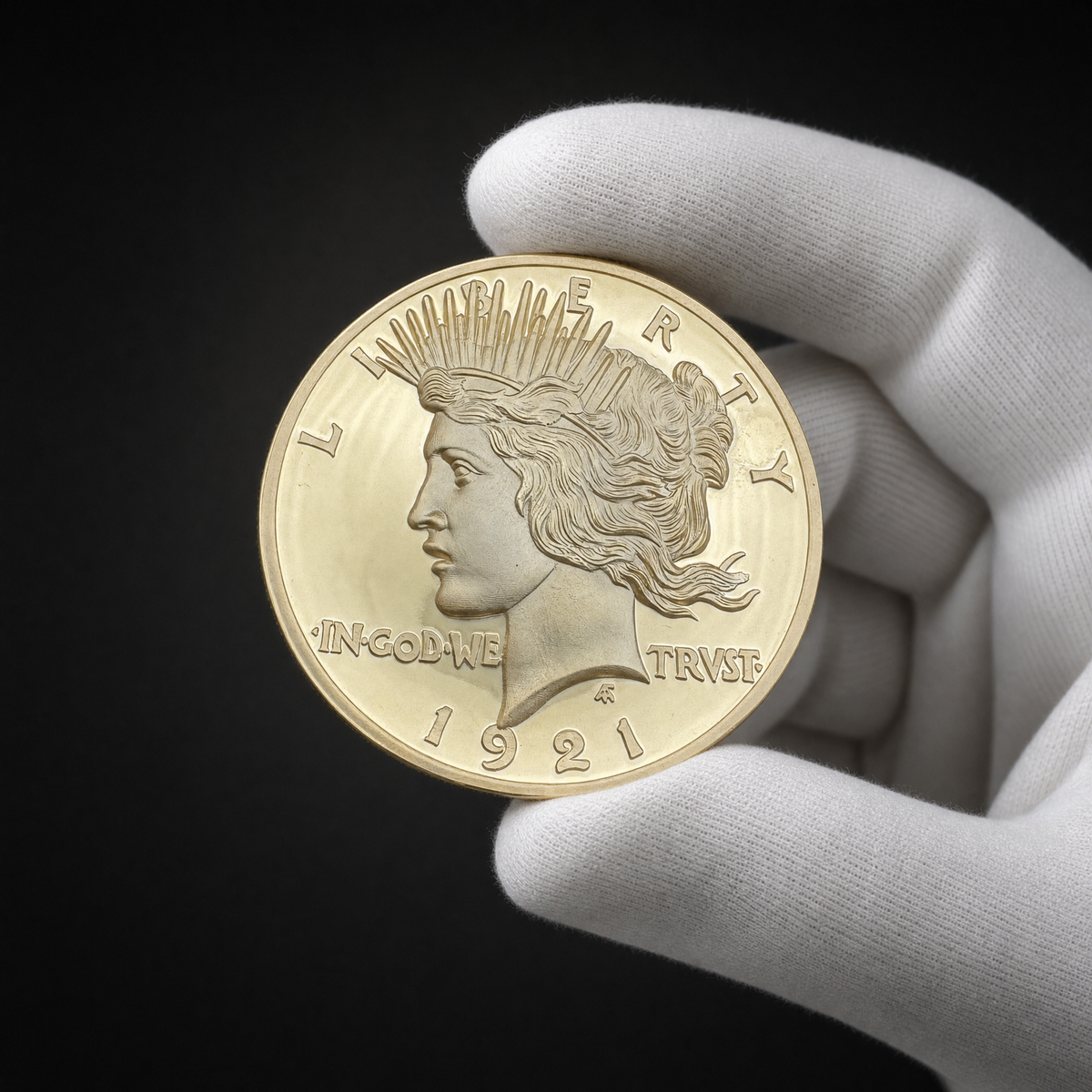 Liberty 1921 Coin Archive Edition held in a white cotton conservator glove, obverse toward the camera