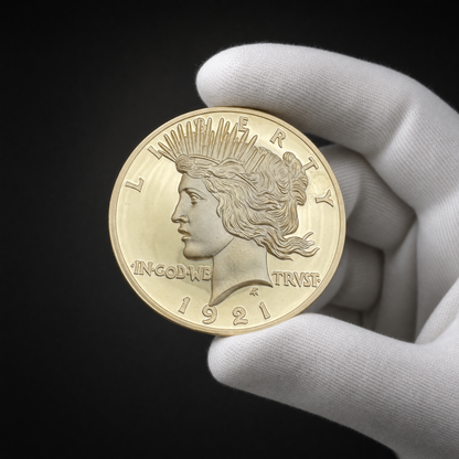 Liberty 1921 Coin Archive Edition held in a white cotton conservator glove, obverse toward the camera