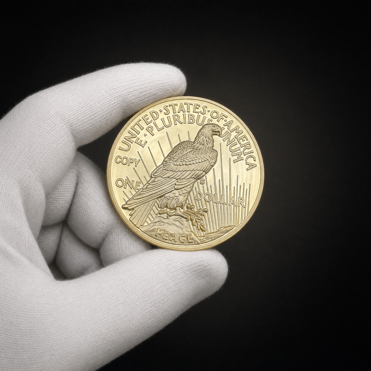 Liberty 1921 Coin Archive Edition held in a white cotton conservator glove, reverse toward the camera with the COPY mark visible