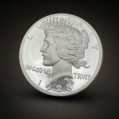 Liberty 1921 Coin Lustre Edition, three-quarter view of the silver-tone Peace dollar tribute on the 47 Vault black studio ground