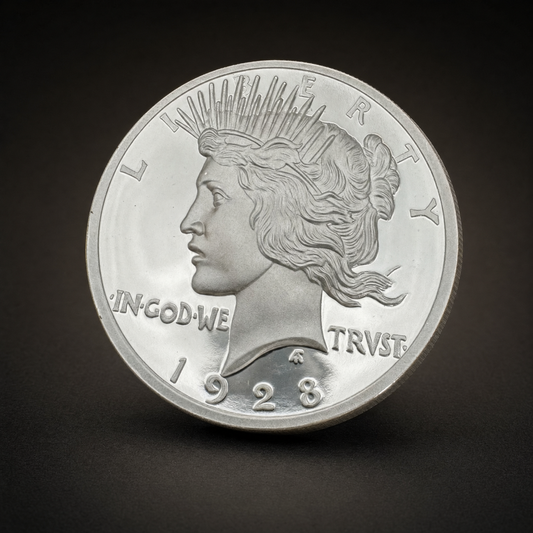 Liberty 1921 Coin Lustre Edition, three-quarter view of the silver-tone Peace dollar tribute on the 47 Vault black studio ground