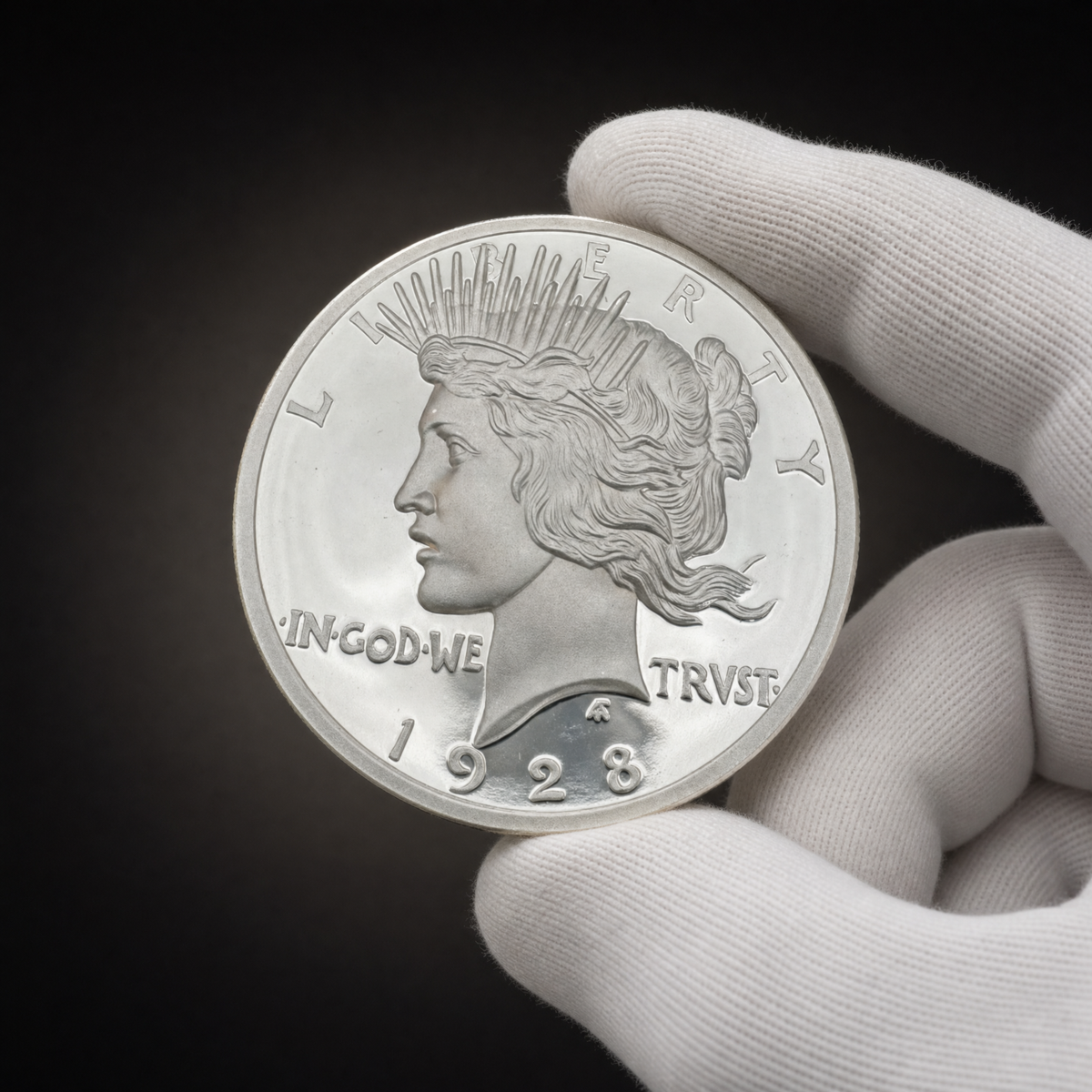 Liberty 1921 Coin Lustre Edition held in a white cotton conservator glove, obverse toward the camera
