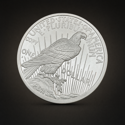Liberty 1921 Coin Lustre Edition, reverse, the eagle with UNITED STATES OF AMERICA and E PLURIBUS UNUM above, PEACE below, and the word COPY plainly marked at the upper left as United States law requires