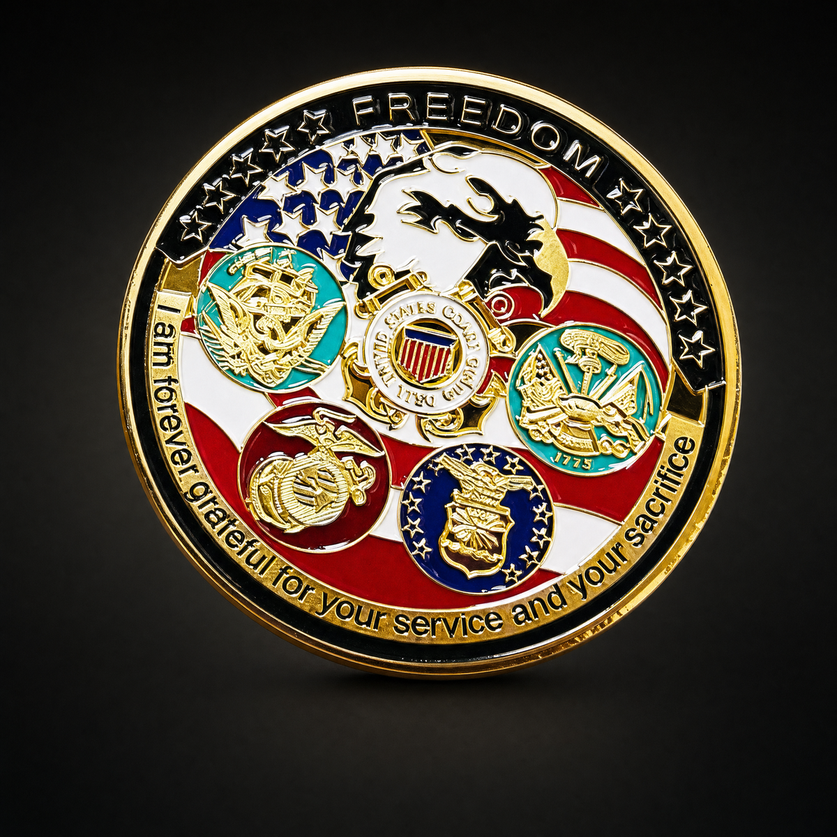 Great Seal Coin Republic Edition, obverse, FREEDOM above a colourised flag field with an eagle and five United States military service seals, and the words I am forever grateful for your service and your sacrifice around the foot