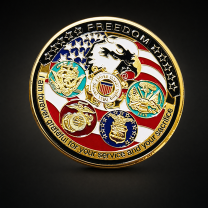 Great Seal Coin Republic Edition, obverse, FREEDOM above a colourised flag field with an eagle and five United States military service seals, and the words I am forever grateful for your service and your sacrifice around the foot