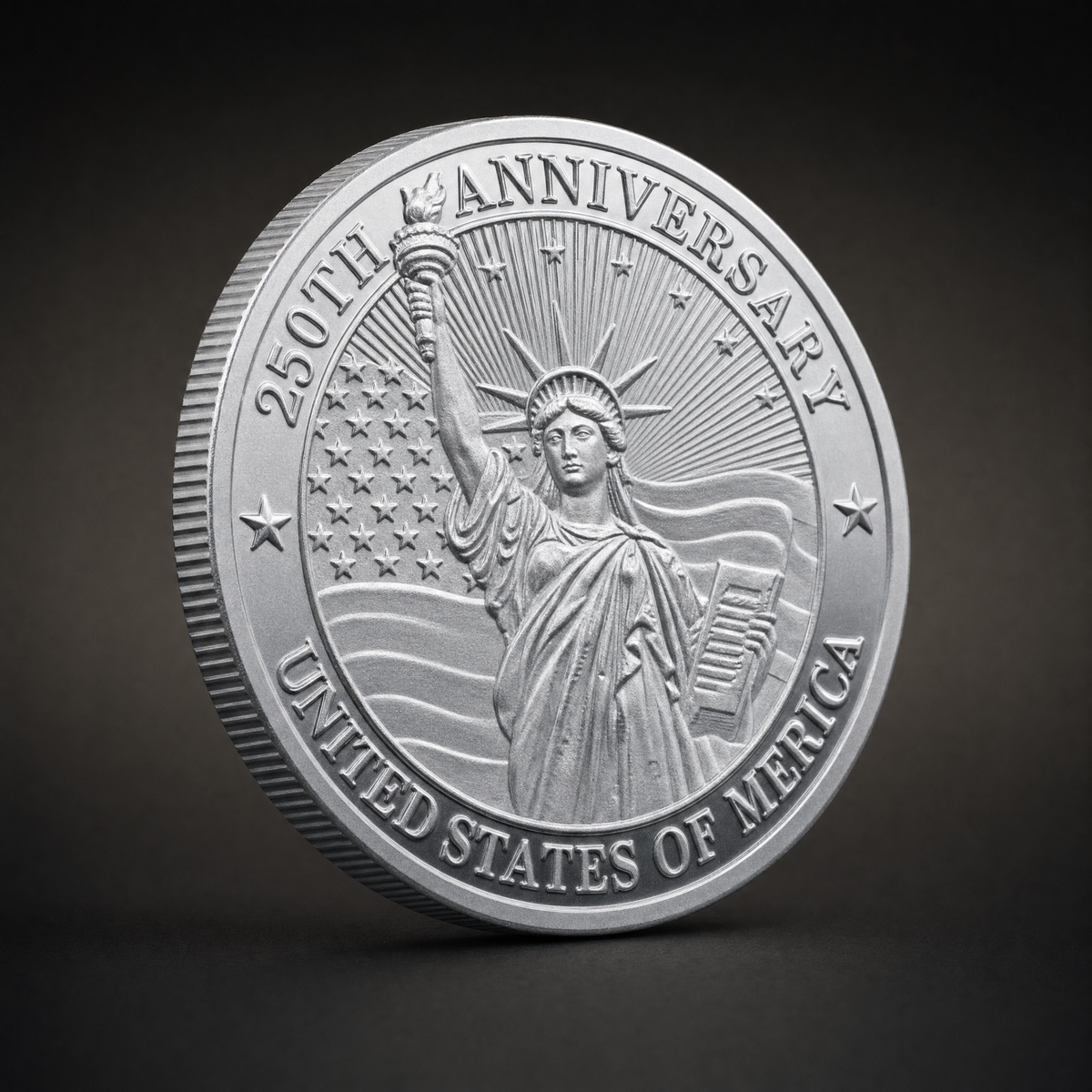 Liberty 250 Coin Legacy Edition, three-quarter view of the silver-tone commemorative coin on the 47 Vault black studio ground