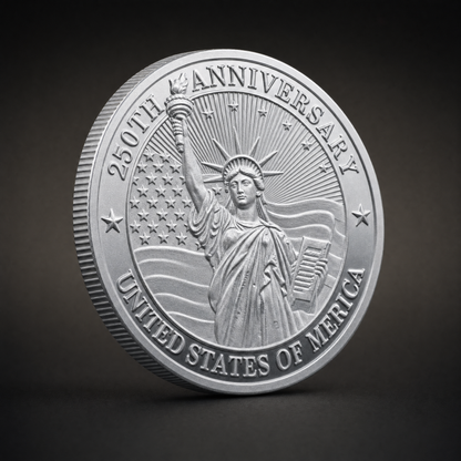 Liberty 250 Coin Legacy Edition, three-quarter view of the silver-tone commemorative coin on the 47 Vault black studio ground