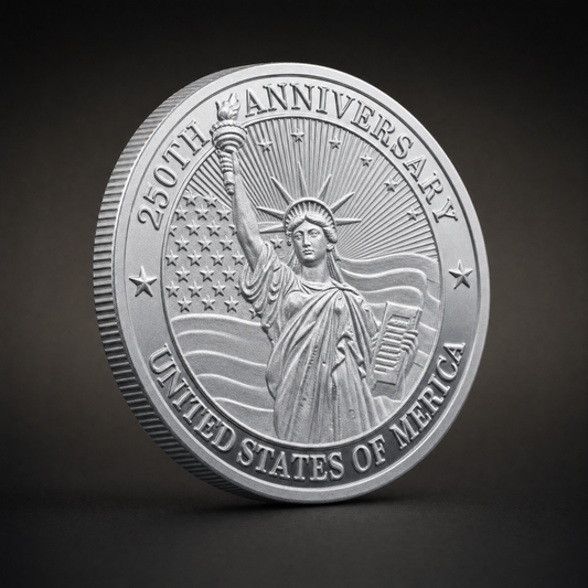 Liberty 250 Coin Legacy Edition, three-quarter view of the silver-tone commemorative coin on the 47 Vault black studio ground