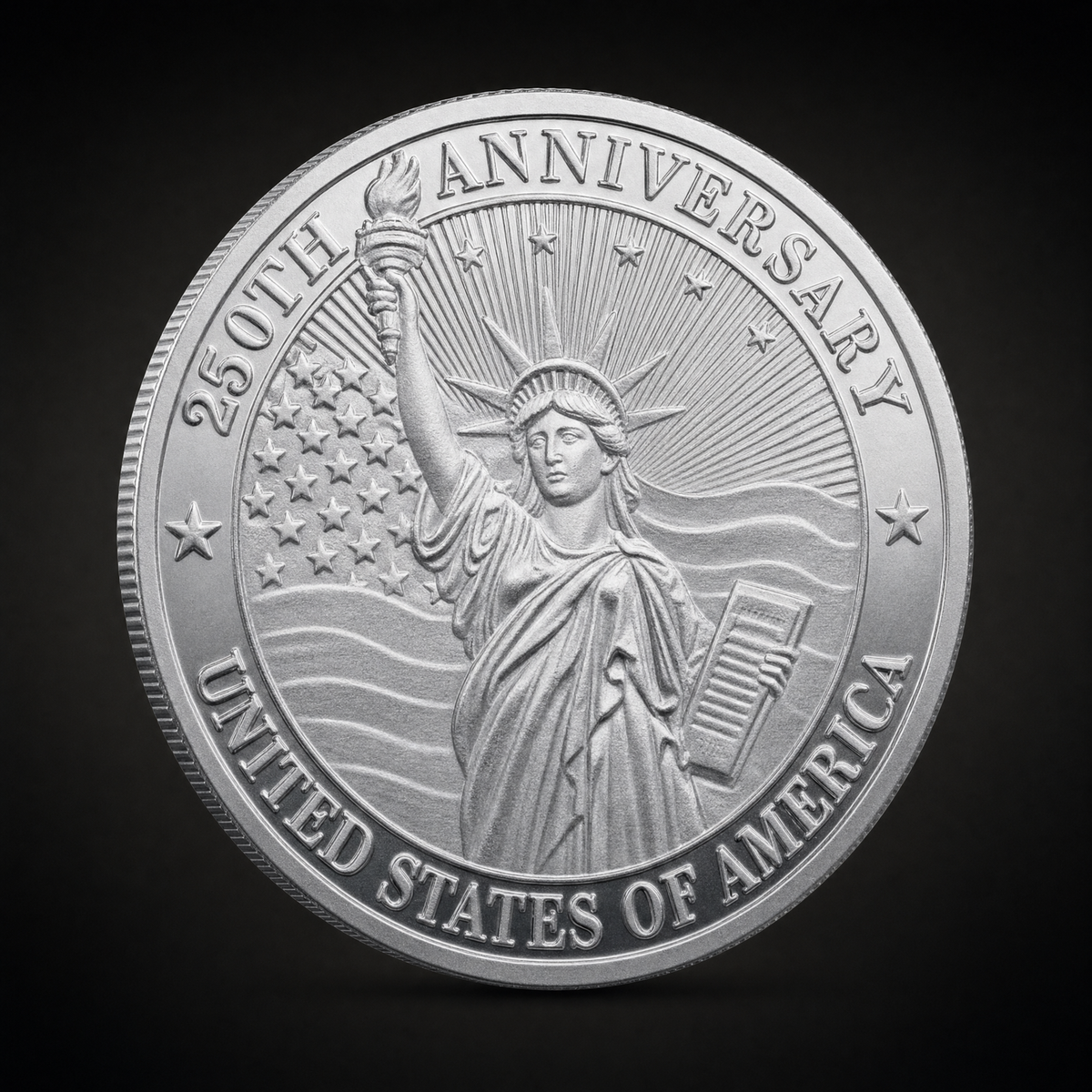 Liberty 250 Coin Legacy Edition, obverse, the Statue of Liberty against a flag field with 250TH ANNIVERSARY above and UNITED STATES OF AMERICA below