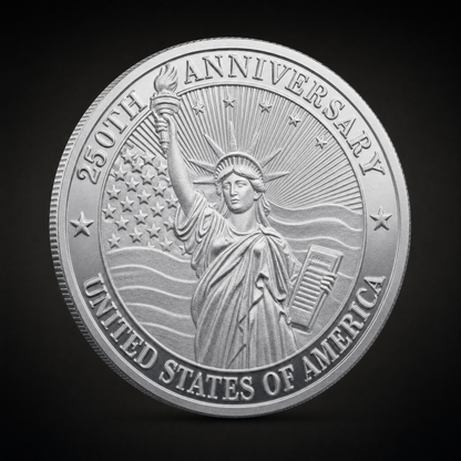 Liberty 250 Coin Legacy Edition, obverse, the Statue of Liberty against a flag field with 250TH ANNIVERSARY above and UNITED STATES OF AMERICA below