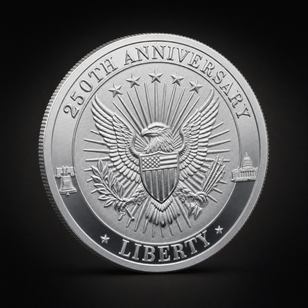 Liberty 250 Coin Legacy Edition, reverse, the eagle and shield against a sunburst with 250TH ANNIVERSARY above and LIBERTY below