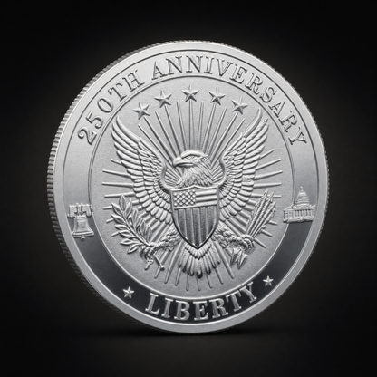 Liberty 250 Coin Legacy Edition, reverse, the eagle and shield against a sunburst with 250TH ANNIVERSARY above and LIBERTY below