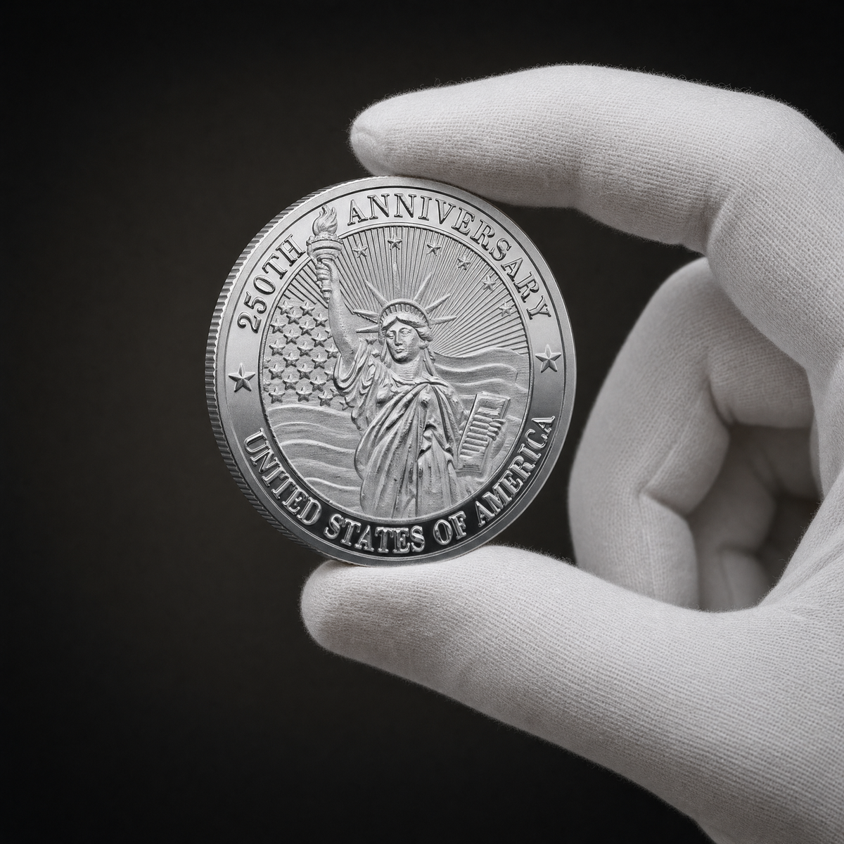 Liberty 250 Coin Legacy Edition held in a white cotton conservator glove, obverse toward the camera