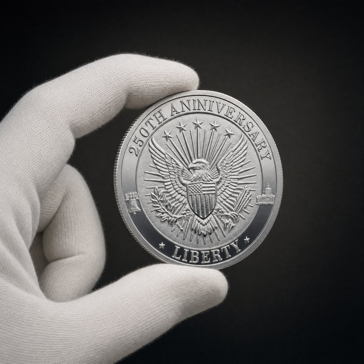 Liberty 250 Coin Legacy Edition held in a white cotton conservator glove, reverse toward the camera