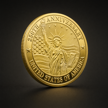 Liberty 250 Coin Independence Edition, three-quarter view of the gold-tone commemorative coin on the 47 Vault black studio ground